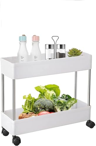 Image of 2 Tier Storage Rack, Kitchen Trolley, Storage Cart with Wheels, Rolling Storage Cart, Kitchen Storage Rack, Multipurpose Trolley (White)