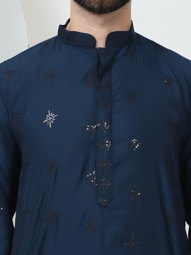 Image of SOJANYA (Since 1958 Men's Cotton Silk Sequinned Neck Embroidered Kurta with Black Pyjama