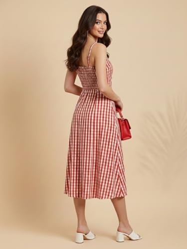 Image of Aahwan Fit and Flare Red Gingham Check Shoulder Ties Slim Fit Midi Cami Dress for Women's & Girl's