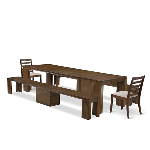 Image of X02X1-208-04 5-Pc Dining Table Set contains an Extendable Rectangle Kitchen Table and 2 Stackable Polyester Dining Chairs and 2 Benches, 39x120 Inch, Antique Walnut