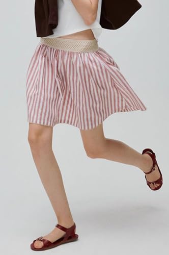 CHARTOU Women Summer Stripes Mini Skirt Striped Crochet Boho Chic Cotton Linen Beach Skirt with Pockets4