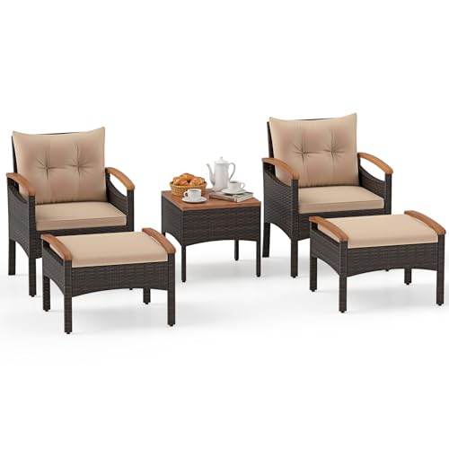 COSTWAY Muebles Jardin Exterior de Ratán 5 Piezas, 2 Sillas, 1 Mesa, 2 Reposapies, Cojines de Asiento y Respaldo, Madera Acacia, Conjunto Mesa y Sillas Jardin Terraza Balcon Exterior (Marrón)