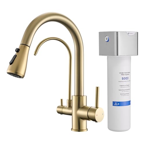 GIMILI 3 in 1 Gold Kitchen Faucet with Under Sink Water Filter System, Reduces Lead, Chlorine, Bad Taste & Odor, Kitchen Sink Faucet with Drinking Water Faucet