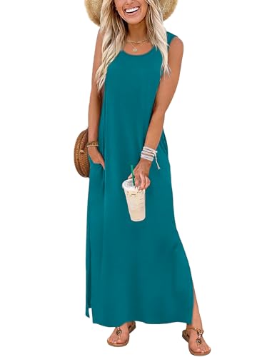 Image of WIHOLL Maxi Dress Summer Dresses 2026 Beach Vacation Clothes Sleeveless Sundresses with Pockets Boho S-3XL