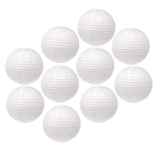 Image of Mudra Crafts 12 Inch Round Chinese White Paper Lanterns Hanging Decor | 10 PCs, Reusable, Indoor Outdoor Decorative Lamp Shade, for Ceiling, Wedding, Shower, Party, Festival, Home Decoration