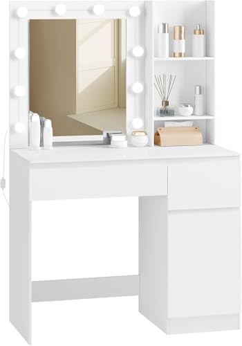 EUGAD Toeletta da Trucco con Luce LED, 10 Lampadine Dimmerabili, Postazione Trucco con Specchio, 2 Cassetti, 2 Ripiani e 1 Armadietto, in Legno, 90x39,5x140 cm, Bianco