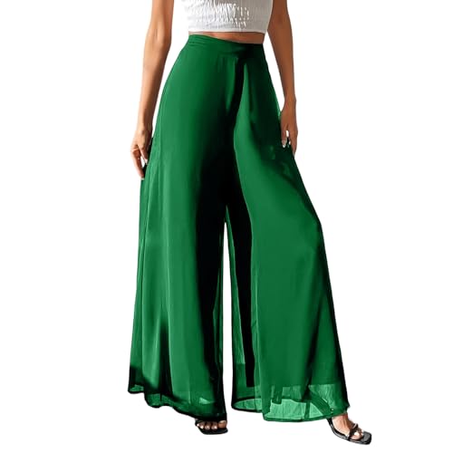Womens High Waist Wide Leg Pants Chiffon Palazzo Long Trousers Loose Fit Flowy Lightweight Fashion Outfits Clothes（Green-1,XL）