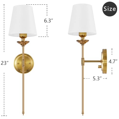 Image of Gold Wall Sconces Set of 2 Hardwired Dimmable Beside Wall Lamp with Switch Fabric Shade Bathroom Wall Light for Bedroom Living Room