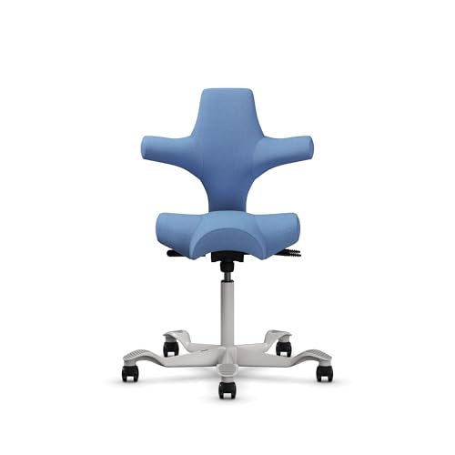 Image of HAG Capisco Sit to Stand Chair-Silver Frame-Upholstered Light Blue Washed