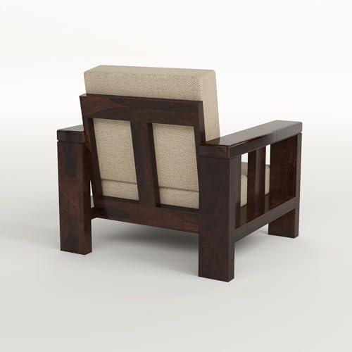 Image of Solid Sheesham Wood Single Seater Sofa Chair for Living Room - Single Sofa Chair Wooden Sofa Single Seater with Comfortable Cushion Seating (Walnut, Haney 1 Seater)