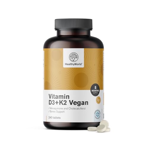 HealthyWorld Vegane Vitamine D3+K2 – 240 Tabletten – Unterstützung für Knochen, Zähne, Muskeln und Immunsystem – Bessere Aufnahme – Vegan und ohne Zusatzstoffe – 8-Monats-Vorrat