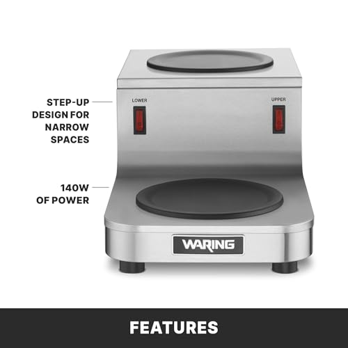 Image of Waring Commercial WCW20R Cafe Deco Double Coffee Carafe Warmer, Step Up Style, 120V, 5-15 Phase Plug | Double Step Up Burner, 70W Self-Regulating Heat Control, Stainless Steel Construction, NSF Certified for Restaurants & Cafes