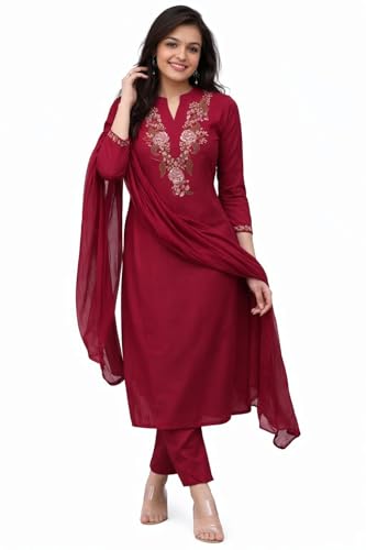 Image of Stylish Maroon Printed Anarkali Kurta and Pant Set for Women | Rayon Kurti with Chikankari Neckline & Chanderi Cotton Dupatta