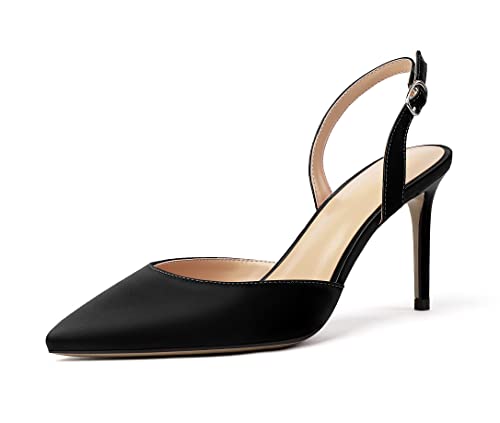 SAMMITOP Women's Pointy Toe High Heels Slingback Stilettos Slip-on Evening Party D’Orsay Satin Shoes for Wedding Bride