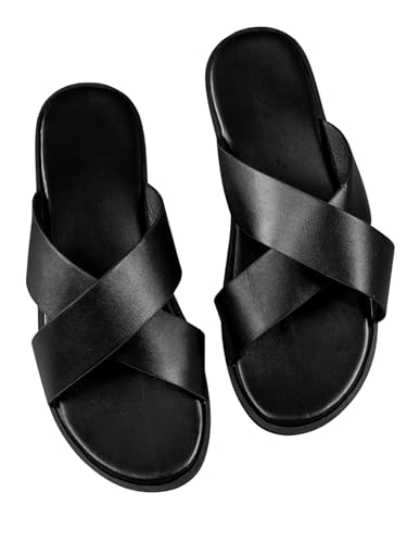 GORGLITTER Men's Leather Slippers 2025 Footwear Criss Cross House Slipper Slide Sandals