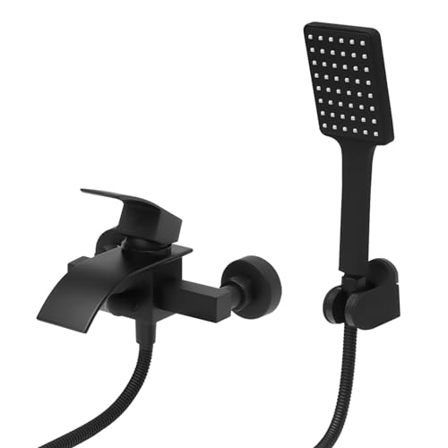 Juego de grifo para bañera, cascada con ducha, color negro
