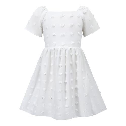 Image of HILEELANG Girls Summer Dress Bow Tie Back A-Line Party Dress for Little Big Girls Short Sleeve Dress with Lining 6-12 Years