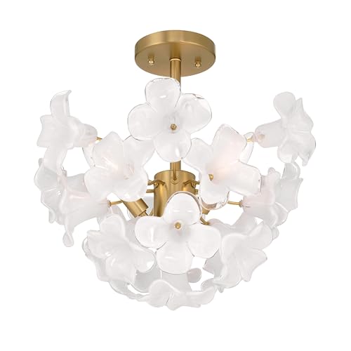 Metropolitan Bloome 16.75" 3-Light Semi-Flush Mount - Legacy Brass with White Swirl Handmade Glass (Bulb Not Included) by Metropolitan - Used condition - US$428.90