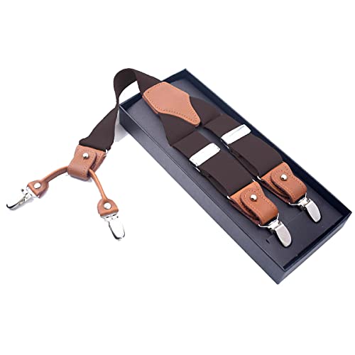 Sakvilsec Leather Suspenders Braces For Men Wedding Party Adjustable Elastic Suspender Belt Y-Shape 4 Clips Mens Accessories(Brown) #TOP1