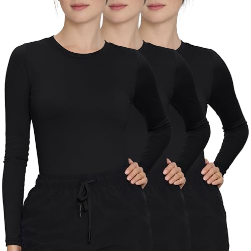 3 Pack Scrub Undershirts Long Sleeve Women Comfortable Underscrub for Nurse High Crew Neck Black M