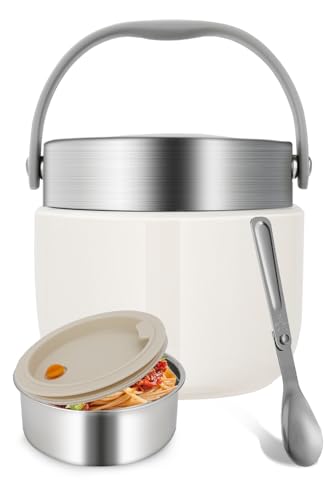 Ezvsevuo Termo Comida Caliente 1200ml, Térmico para Alimentos Acero Inoxidable, Fiambrera Térmica con Cuchara Plegable, Termo de Comida para Adultos y Niños (Blanco)