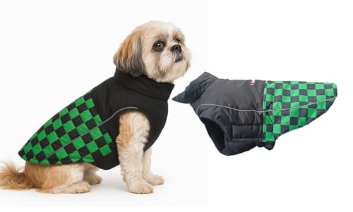Image of The Pets Company Dog Winter Coat Jacket, Clothes, Windproof, Waterproof, Light Weight, Washable, Ultra Warm Thick Fleece Lined Dog Vest for Cold Weather Protection, (Green Check, Small - 14 Inch)
