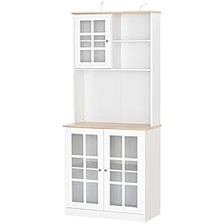 Estanteria Cocina Con Puertas HOMCOM Armario de Cocina con Estantes y Puertas de Vidrio Pequeños Electrodomésticos y Menaje 80x37x183cm Blanco