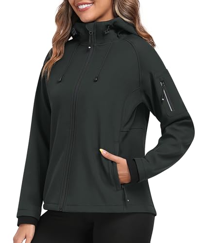 MoFiz Women's Fleece Lined Softshell Jacket Hooded Windproof Lightweight Insulated Jacket Full Zip Warm Coat