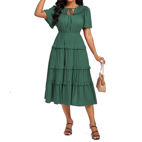 Image of Women's Short Sleeve Summer Boho Pleated Rayon Mid Dresses with Pockets for Wedding Guest