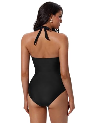 SUUKSESS Women Sexy Halter One Piece Swimsuits Ruffle V Neck Tummy Control Bathing Suits (Black, 2XL)