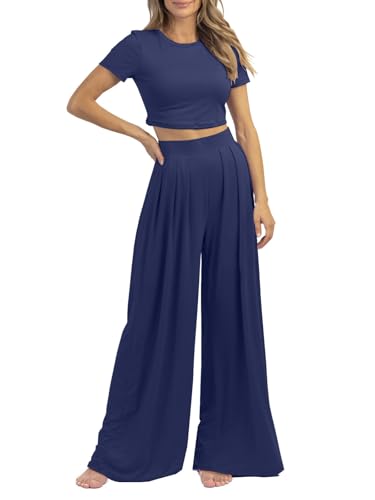 Image of PEIARA Womens 2 Piece Lounge Sets Summer Short Sleeve Crop Top Two Piece Outfit Wide Leg Palazzo Pants Set Matching Tracksuit