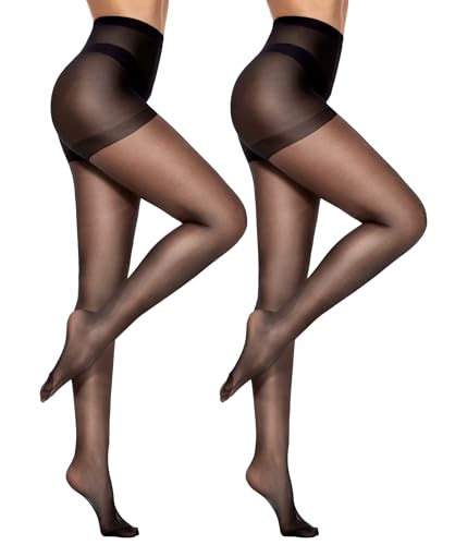 CozyWow 2 Pack Sheer Pantyhose for Women, Ultra Thin Control Top Tights, 20 Denier Tights Hosiery Stockings with High Waist(2 Pairs-Black,L