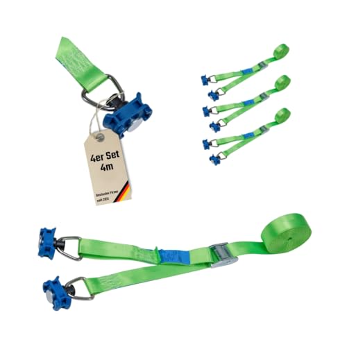 Lot de 4 Sangles d'arrimage en Deux Parties de 4 m avec Boucle de Serrage - Sangle de Fixation Rapide pour Rail d'arrimage Airline - 175 daN - Vert