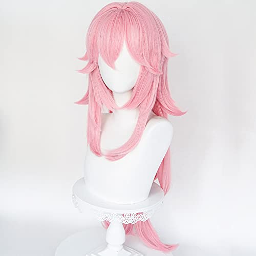 Image of LABEAUTE Pink Cosplay Wig for Yae Miko Long Anime Curly Sakura Straight Hair Wig with Ponytails for Halloween Party Include Cap