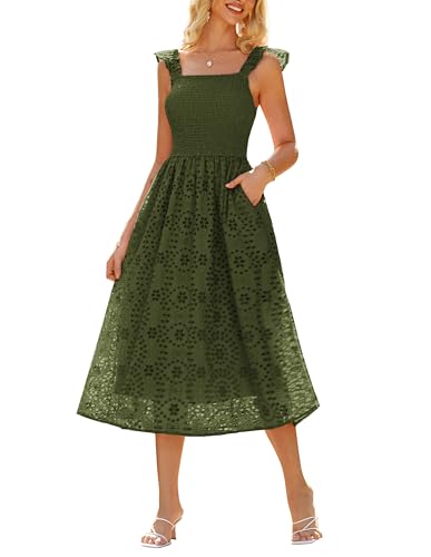 Damen Sommerkleid Boho Casual Falten mit Rüschen A-Linie Langes Kleid L Armeegrün