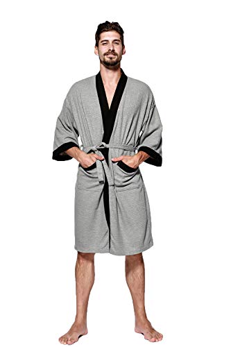 Men's Kimono Robe Cotton Waffle Spa Bathrobe Lightweight Soft Knee Length Sleepwear with Pockets2
