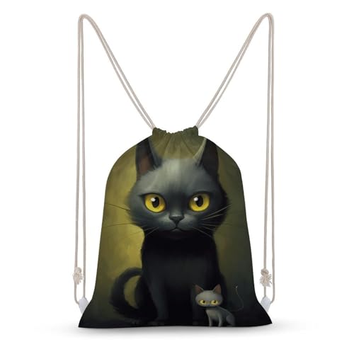 Black Cartoon Cat with Yellow Eyes Drawstring Backpack Canvas String Bag Lightweight Sports Gym Bag for Men Women