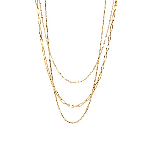 RUOXITIA Women's Layered Gold Necklace Set, 18K Gold Plated Paperclip 3-Layer Stainless Steel Necklace, Fashion Jewelry Gift for Her