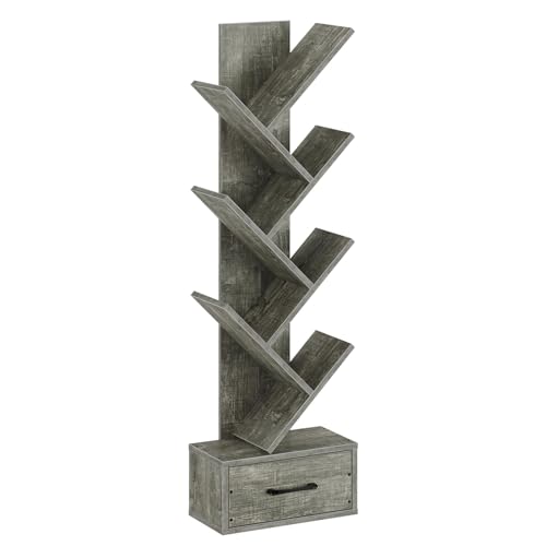 Rolanstar Modern 7 Shelf Tree Bookshelf with Wooden Drawer, Light Grey