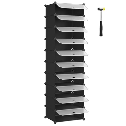 Lista de Roperos de plastico - los más vendidos. 48 SONGMICS Zapatero Modular con 10 Compartimentos, Estantería Modular de Plástico, Bricolaje, con Puerta, con Martillo, Negro MLPC10H