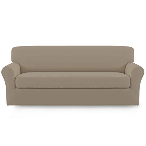 Image of Easy-Going 2 Pieces Stretch Oversized Couch Sofa Slipcover Washable | Spandex Soft Fitted Sofa Couch Cover for Sofa Furniture Protector with Bottom Kids,Pet Dog Natural
