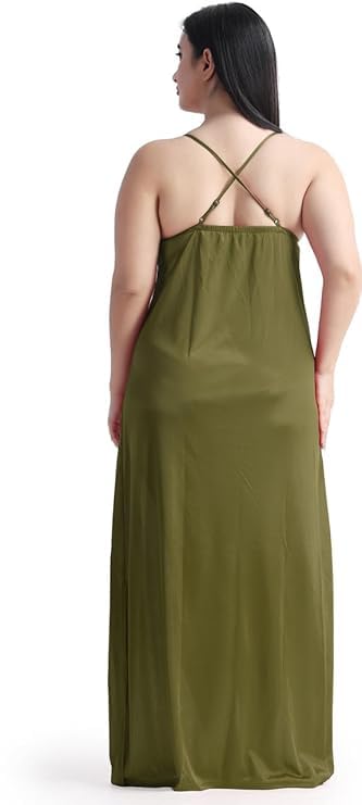 Image of Satin 6 Piece Nightwear Set, Coral Pink Lace Trim Sleepwear with Robe, Nighty, Top, Shorts, Lingerie Set for Women, Summer Collection-Mehndi Green.