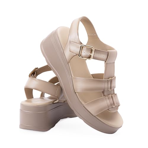 Image of Platform Sandals Women Chunky Wedge Sandals for Women Comfortable | Women's Flat Summer Shoes Round Open Toe with Arch Support Wide Strap Faux Leather Wedges for Beach Camping Travel Office
