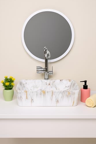 Image of Ceramic Table Top Wash Basin - Premium White Countertop Vanity Sink for Bathroom, Hotel and Home Washrooms, Modern Design, 19 x 14 x 5 Inch