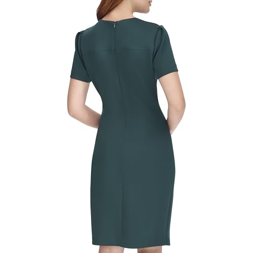 Image of Tommy Hilfiger Women's Short Sleeve Jewel Neck Colorblock Studded Asymmetrical Hem Crepe Mini Dress