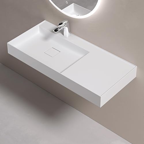 doporro Lavabo sobre Encimera Lavabo Suspendido de Mármol Fundido 100x46x12cm en Blanco Mate con Desagüe Colossum630
