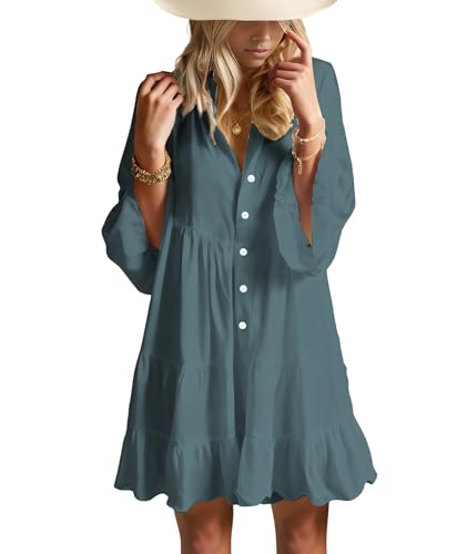 Image of Opemiby Summer Dresses for Women 2026 Flowy Ruffle 3 /4 Sleeve V Neck Tiered Casual Babydoll Boho Beach Mini Dress