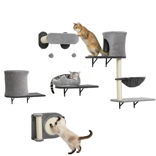 PawHut Étagères murales pour Chat, 5 pièces, Ensemble de Meubles, Arbre à Chat Mural, avec 2 niches, hamac, Plateformes, griffoirs en sisal pour Chatons...