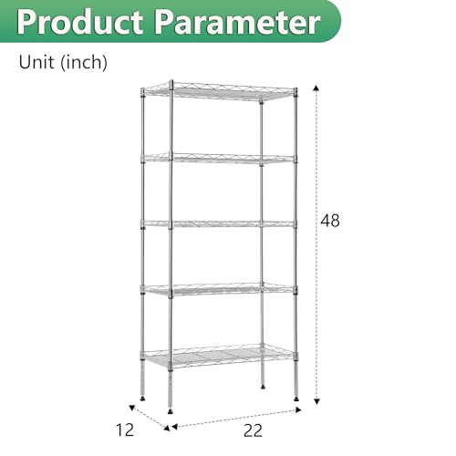 Image of BestOffice | 5-Tier Wire Shelf | 22 inch x 12 inch x 48 inch | Chrome | Storage Shelves with Adjustable Racks, Holds upto 750 lbs | Rust-Resistant, No-Tool Assembly | For Home, Garage
