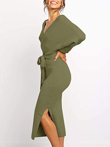Image of Chang Yun Women's Long Maxi Sweater Dresses Sexy Wrap Batwing V Neck Slit Open Back Holiday Bodycon Dress with Belt